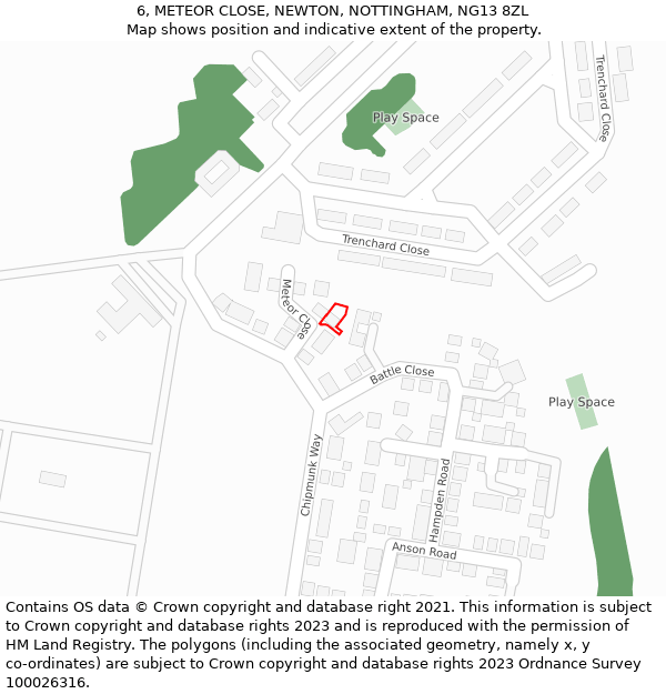 6, METEOR CLOSE, NEWTON, NOTTINGHAM, NG13 8ZL: Location map and indicative extent of plot