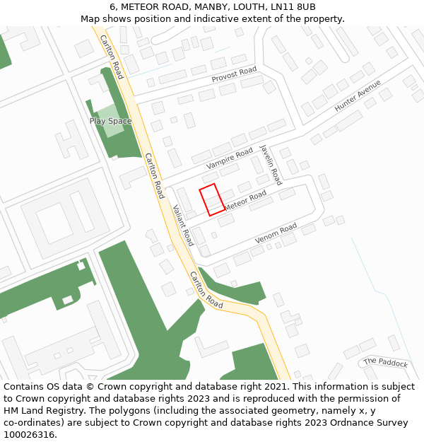 6, METEOR ROAD, MANBY, LOUTH, LN11 8UB: Location map and indicative extent of plot