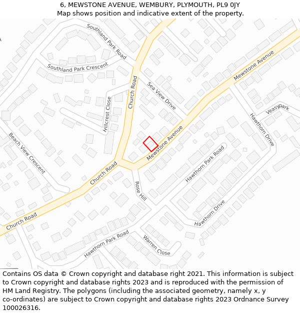 6, MEWSTONE AVENUE, WEMBURY, PLYMOUTH, PL9 0JY: Location map and indicative extent of plot