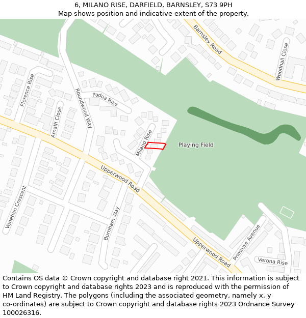 6, MILANO RISE, DARFIELD, BARNSLEY, S73 9PH: Location map and indicative extent of plot