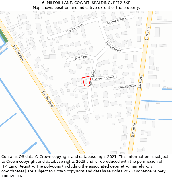 6, MILFOIL LANE, COWBIT, SPALDING, PE12 6XF: Location map and indicative extent of plot