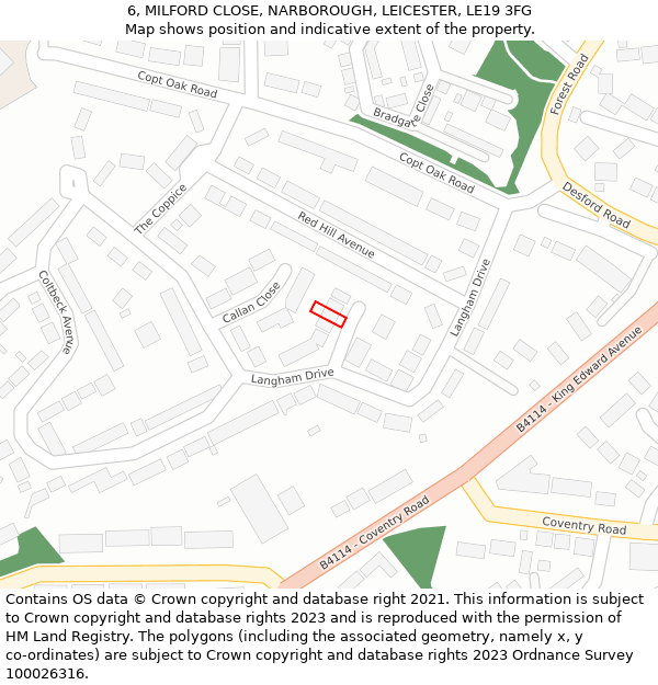 6, MILFORD CLOSE, NARBOROUGH, LEICESTER, LE19 3FG: Location map and indicative extent of plot