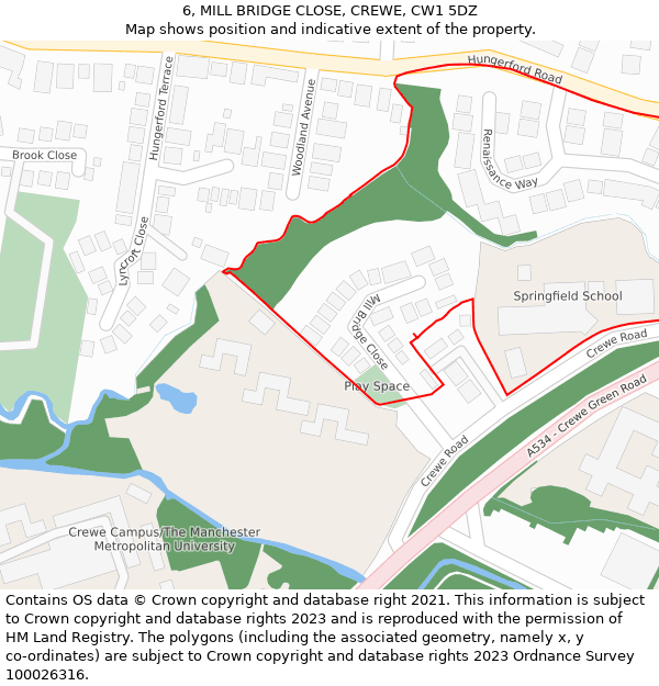 6, MILL BRIDGE CLOSE, CREWE, CW1 5DZ: Location map and indicative extent of plot