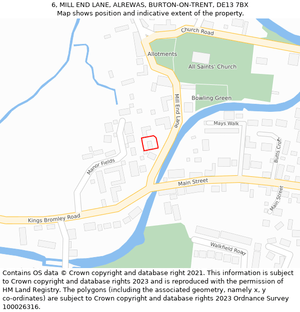 6, MILL END LANE, ALREWAS, BURTON-ON-TRENT, DE13 7BX: Location map and indicative extent of plot