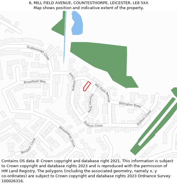 6, MILL FIELD AVENUE, COUNTESTHORPE, LEICESTER, LE8 5XA: Location map and indicative extent of plot
