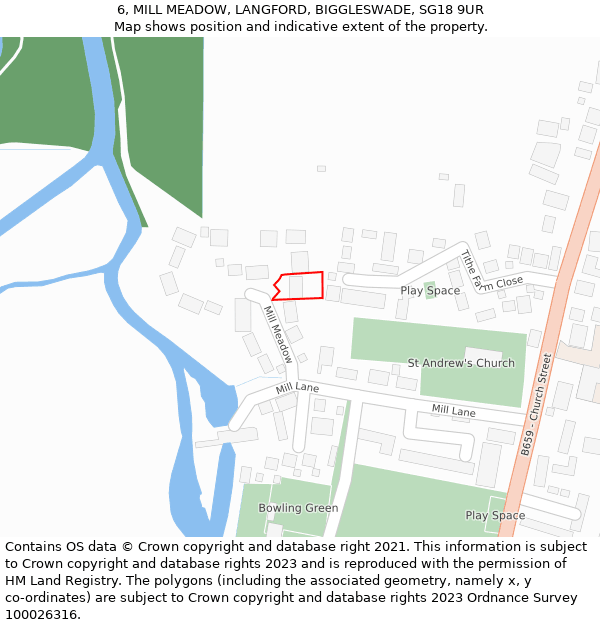 6, MILL MEADOW, LANGFORD, BIGGLESWADE, SG18 9UR: Location map and indicative extent of plot