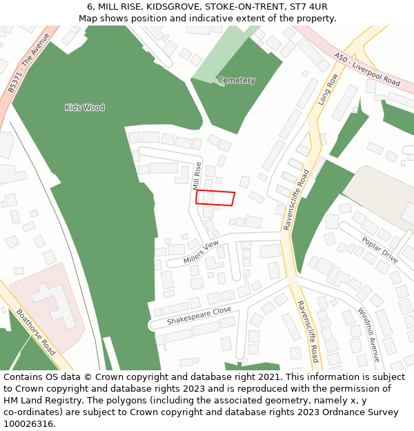 6, MILL RISE, KIDSGROVE, STOKE-ON-TRENT, ST7 4UR: Location map and indicative extent of plot