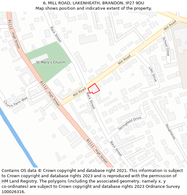 6, MILL ROAD, LAKENHEATH, BRANDON, IP27 9DU: Location map and indicative extent of plot