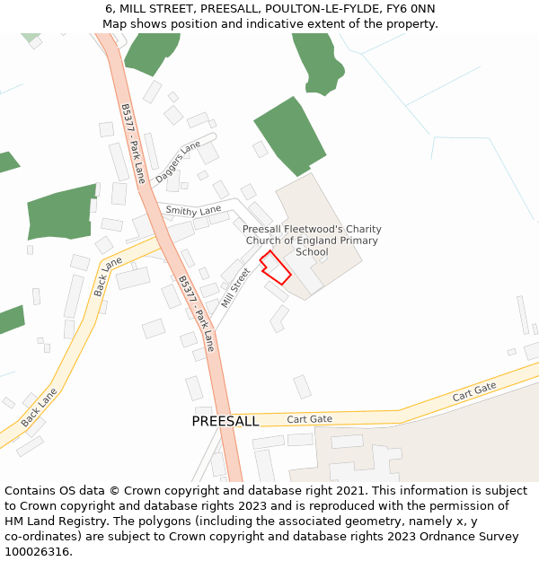 6, MILL STREET, PREESALL, POULTON-LE-FYLDE, FY6 0NN: Location map and indicative extent of plot