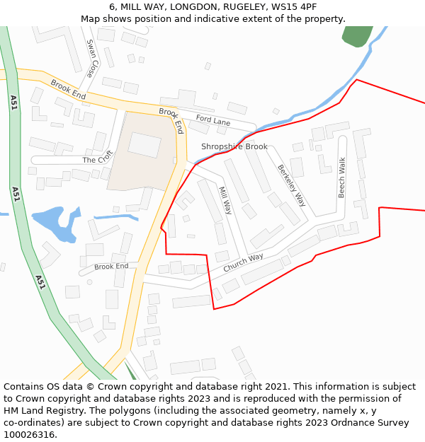 6, MILL WAY, LONGDON, RUGELEY, WS15 4PF: Location map and indicative extent of plot