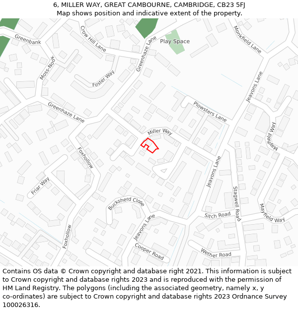 6, MILLER WAY, GREAT CAMBOURNE, CAMBRIDGE, CB23 5FJ: Location map and indicative extent of plot