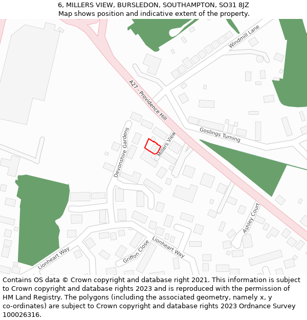 6, MILLERS VIEW, BURSLEDON, SOUTHAMPTON, SO31 8JZ: Location map and indicative extent of plot