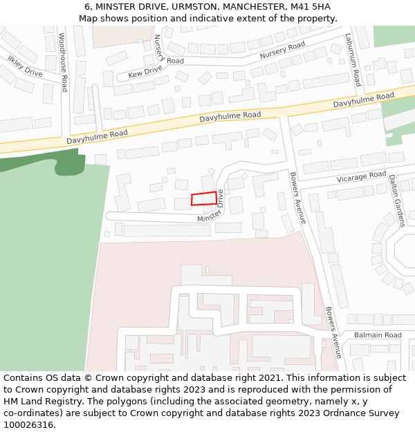 6, MINSTER DRIVE, URMSTON, MANCHESTER, M41 5HA: Location map and indicative extent of plot