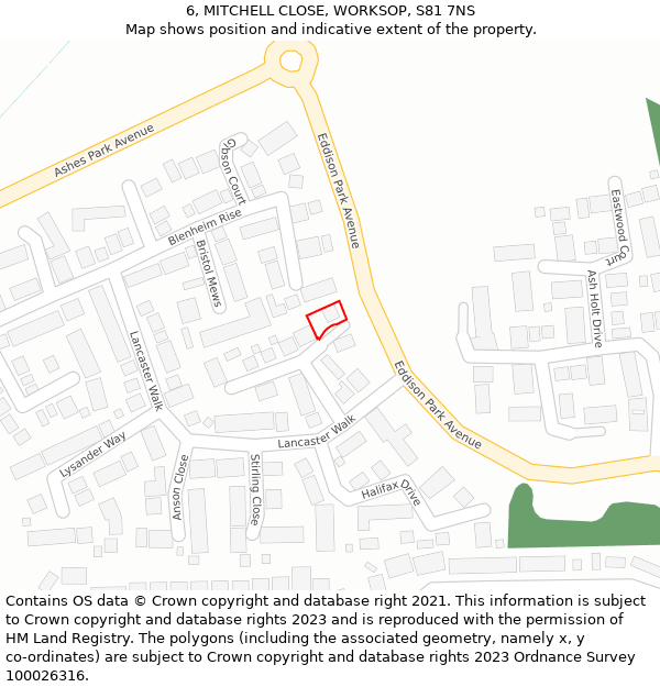 6, MITCHELL CLOSE, WORKSOP, S81 7NS: Location map and indicative extent of plot