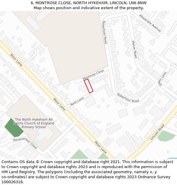 6, MONTROSE CLOSE, NORTH HYKEHAM, LINCOLN, LN6 8NW: Location map and indicative extent of plot