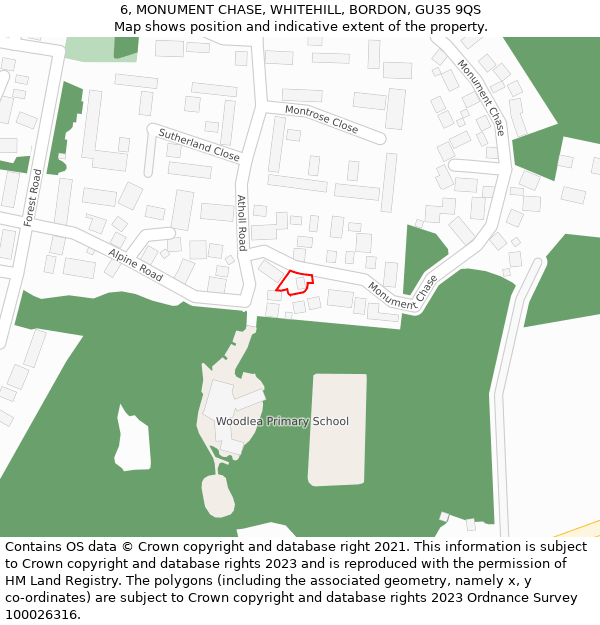 6, MONUMENT CHASE, WHITEHILL, BORDON, GU35 9QS: Location map and indicative extent of plot