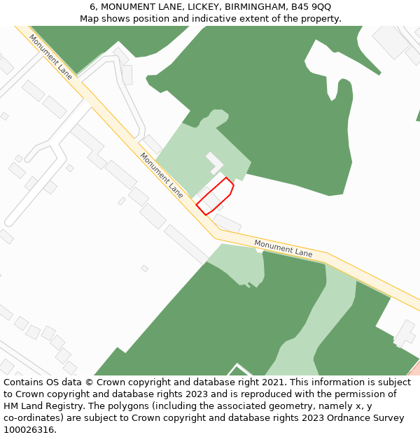 6, MONUMENT LANE, LICKEY, BIRMINGHAM, B45 9QQ: Location map and indicative extent of plot