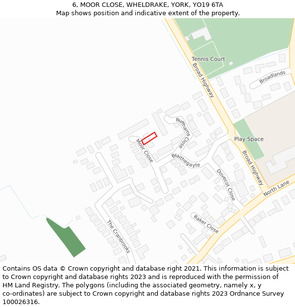 6, MOOR CLOSE, WHELDRAKE, YORK, YO19 6TA: Location map and indicative extent of plot