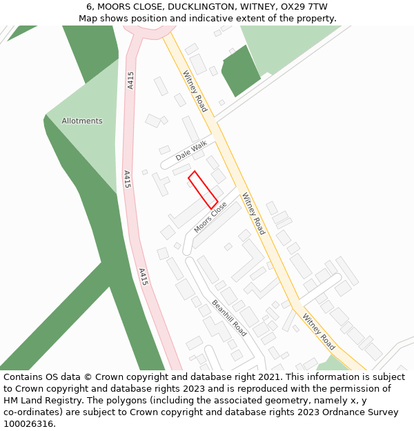6, MOORS CLOSE, DUCKLINGTON, WITNEY, OX29 7TW: Location map and indicative extent of plot