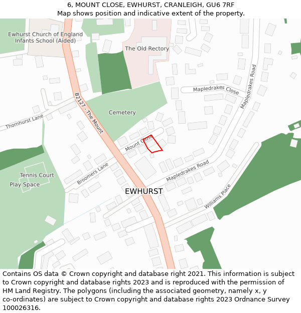 6, MOUNT CLOSE, EWHURST, CRANLEIGH, GU6 7RF: Location map and indicative extent of plot