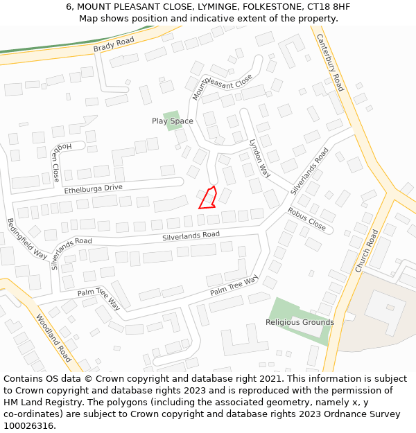 6, MOUNT PLEASANT CLOSE, LYMINGE, FOLKESTONE, CT18 8HF: Location map and indicative extent of plot