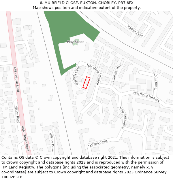6, MUIRFIELD CLOSE, EUXTON, CHORLEY, PR7 6FX: Location map and indicative extent of plot