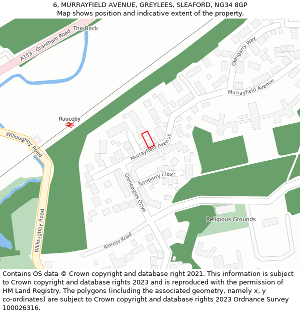 6, MURRAYFIELD AVENUE, GREYLEES, SLEAFORD, NG34 8GP: Location map and indicative extent of plot