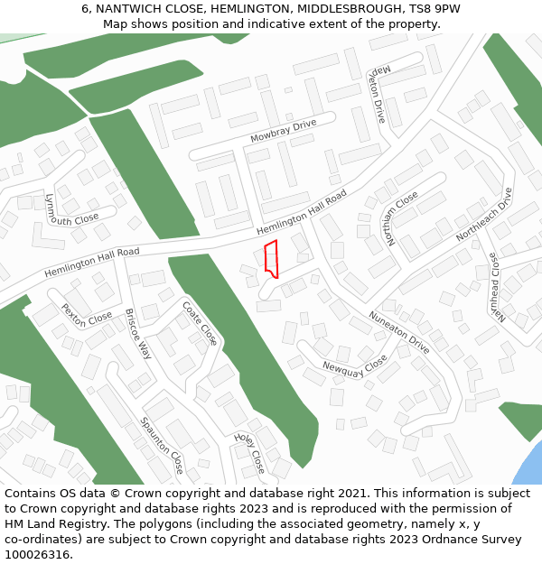 6, NANTWICH CLOSE, HEMLINGTON, MIDDLESBROUGH, TS8 9PW: Location map and indicative extent of plot