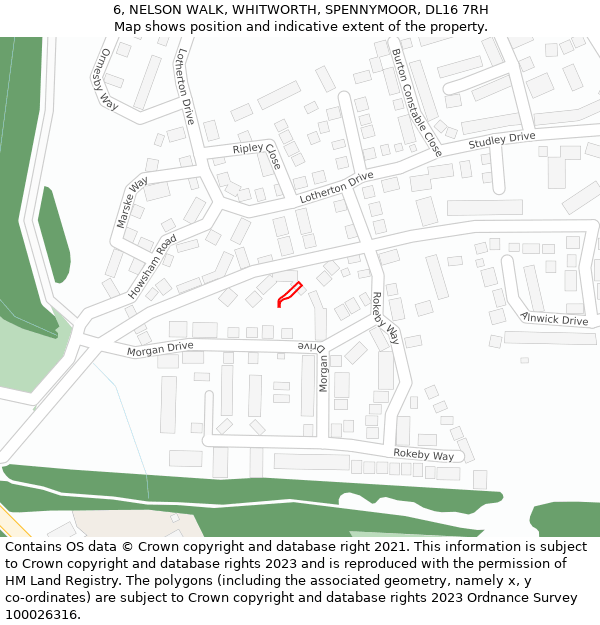 6, NELSON WALK, WHITWORTH, SPENNYMOOR, DL16 7RH: Location map and indicative extent of plot