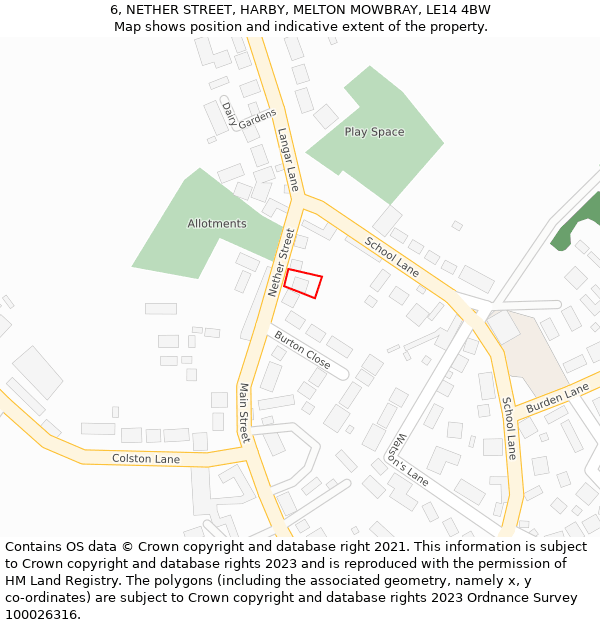 6, NETHER STREET, HARBY, MELTON MOWBRAY, LE14 4BW: Location map and indicative extent of plot