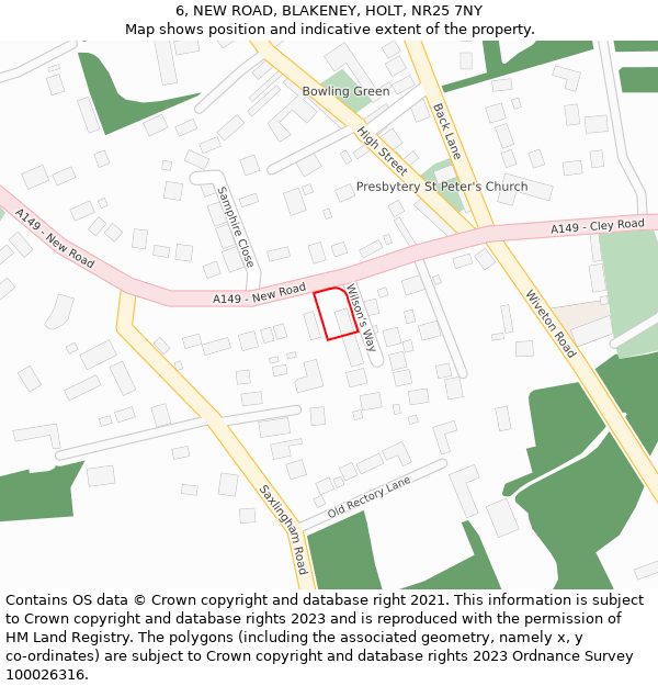 6, NEW ROAD, BLAKENEY, HOLT, NR25 7NY: Location map and indicative extent of plot