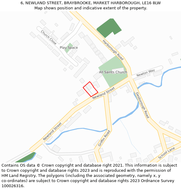 6, NEWLAND STREET, BRAYBROOKE, MARKET HARBOROUGH, LE16 8LW: Location map and indicative extent of plot