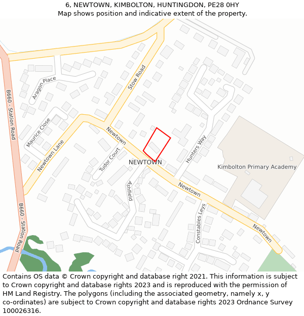 6, NEWTOWN, KIMBOLTON, HUNTINGDON, PE28 0HY: Location map and indicative extent of plot