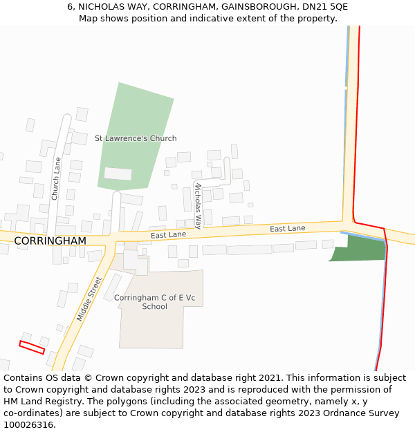 6, NICHOLAS WAY, CORRINGHAM, GAINSBOROUGH, DN21 5QE: Location map and indicative extent of plot