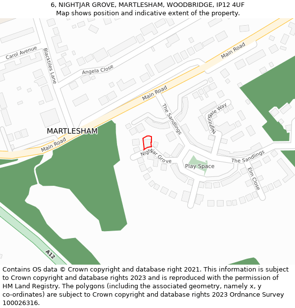 6, NIGHTJAR GROVE, MARTLESHAM, WOODBRIDGE, IP12 4UF: Location map and indicative extent of plot