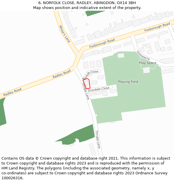 6, NORFOLK CLOSE, RADLEY, ABINGDON, OX14 3BH: Location map and indicative extent of plot