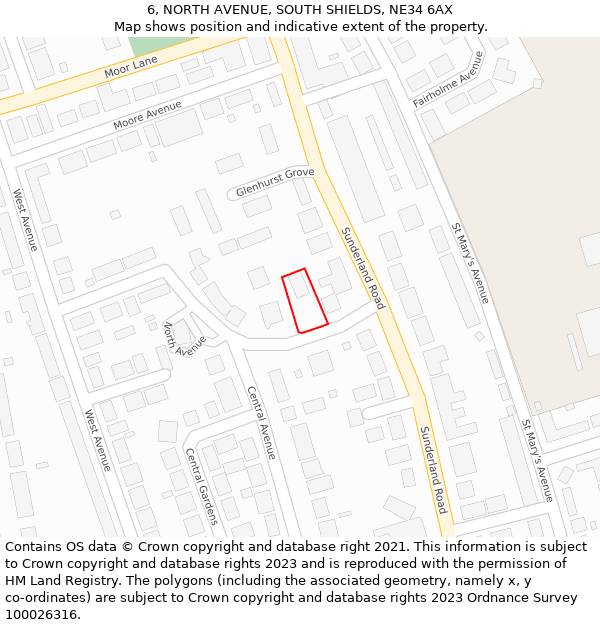 6, NORTH AVENUE, SOUTH SHIELDS, NE34 6AX: Location map and indicative extent of plot