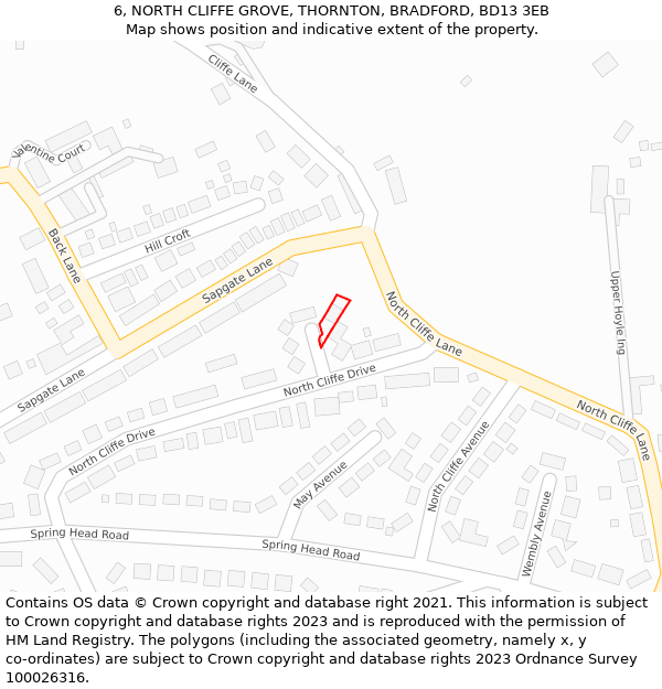 6, NORTH CLIFFE GROVE, THORNTON, BRADFORD, BD13 3EB: Location map and indicative extent of plot