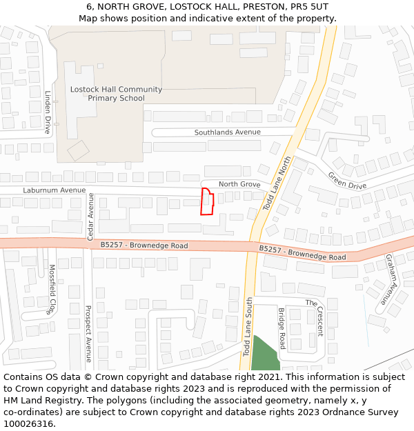 6, NORTH GROVE, LOSTOCK HALL, PRESTON, PR5 5UT: Location map and indicative extent of plot