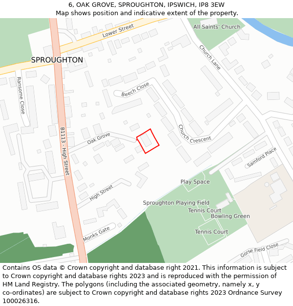 6, OAK GROVE, SPROUGHTON, IPSWICH, IP8 3EW: Location map and indicative extent of plot