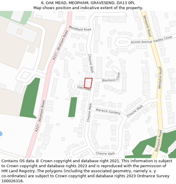 6, OAK MEAD, MEOPHAM, GRAVESEND, DA13 0PL: Location map and indicative extent of plot