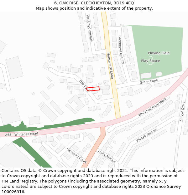 6, OAK RISE, CLECKHEATON, BD19 4EQ: Location map and indicative extent of plot