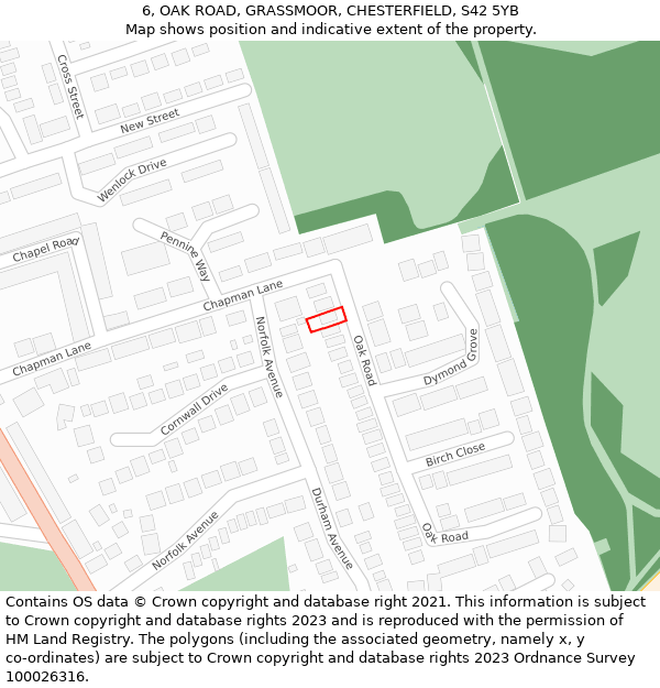 6, OAK ROAD, GRASSMOOR, CHESTERFIELD, S42 5YB: Location map and indicative extent of plot