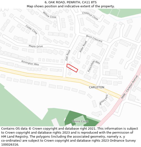 6, OAK ROAD, PENRITH, CA11 8TS: Location map and indicative extent of plot