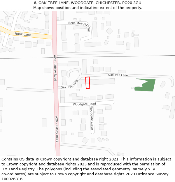 6, OAK TREE LANE, WOODGATE, CHICHESTER, PO20 3GU: Location map and indicative extent of plot