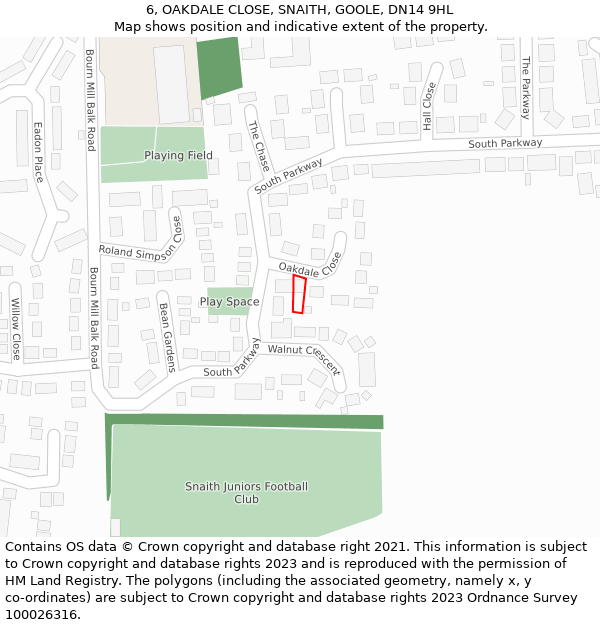 6, OAKDALE CLOSE, SNAITH, GOOLE, DN14 9HL: Location map and indicative extent of plot