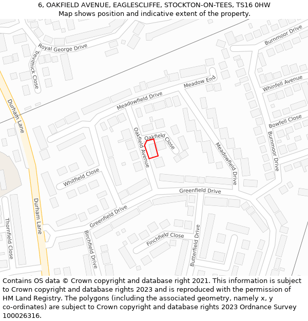 6, OAKFIELD AVENUE, EAGLESCLIFFE, STOCKTON-ON-TEES, TS16 0HW: Location map and indicative extent of plot