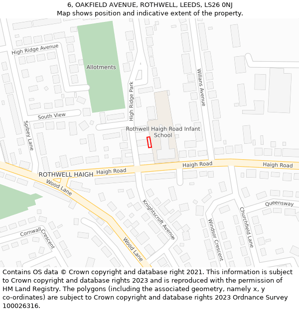 6, OAKFIELD AVENUE, ROTHWELL, LEEDS, LS26 0NJ: Location map and indicative extent of plot