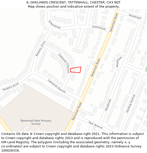 6, OAKLANDS CRESCENT, TATTENHALL, CHESTER, CH3 9QT: Location map and indicative extent of plot