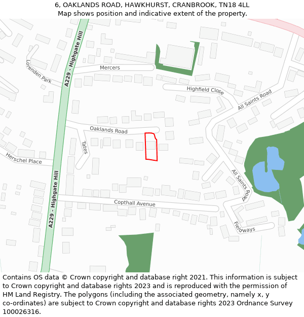 6, OAKLANDS ROAD, HAWKHURST, CRANBROOK, TN18 4LL: Location map and indicative extent of plot